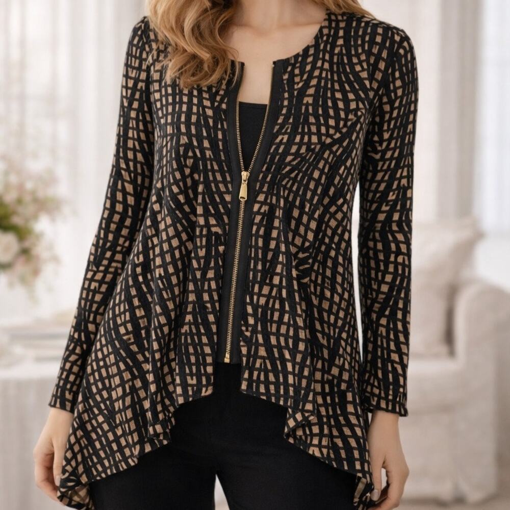 IC by Connie K Cardigan Large Black Tan Textured Knit Gold Zipper Asymmetrical